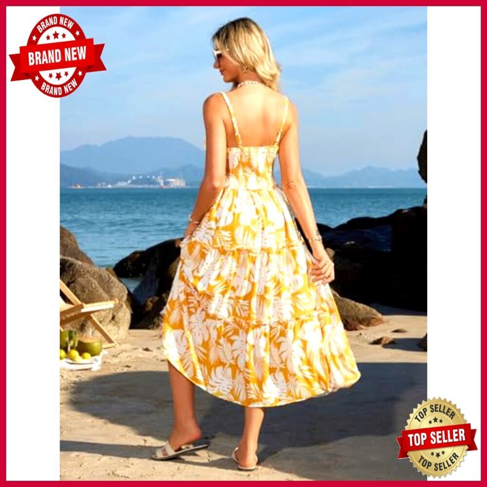 Boho Floral Maxi Dress Smocked Back Adjustable Straps Tiered Pockets Summer - Picture 5 of 7